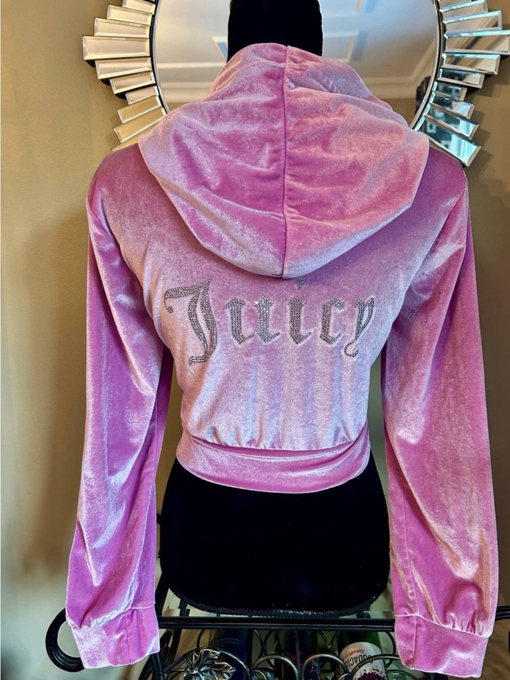 Juicy Couture Lavender Pink Velour Cropped Hoodie with Rhinestone Logo